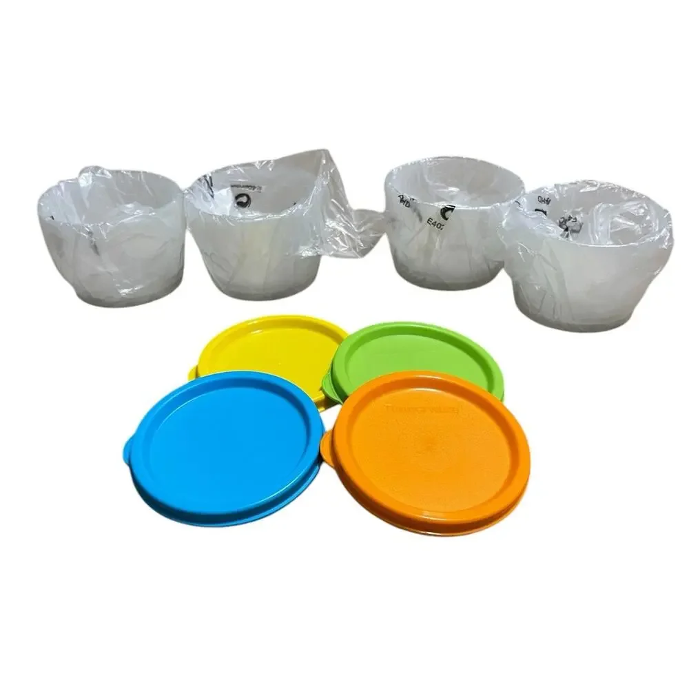 Tupperware NEW Set of 4 Round Plastic Snap Cup with Lids 4 ounce each